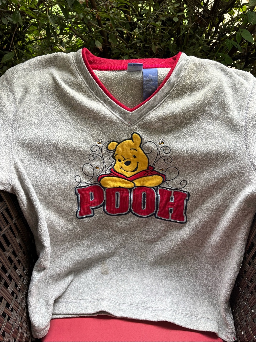 Disney Winnie the Pooh Womens Gray Fleece Top with Red Accents